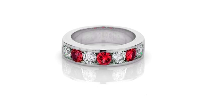 Ruby and diamond channel set band in white gold, Melbourne Australia.